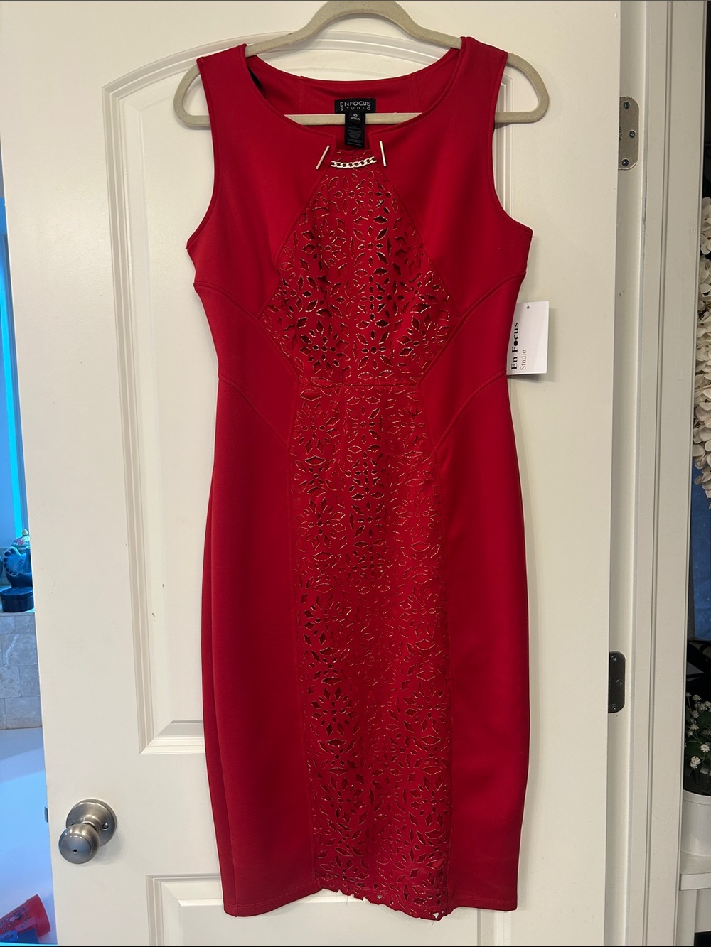 Enfocus Studio Red Laser-Cut Sleeveless Midi Sheath Dress